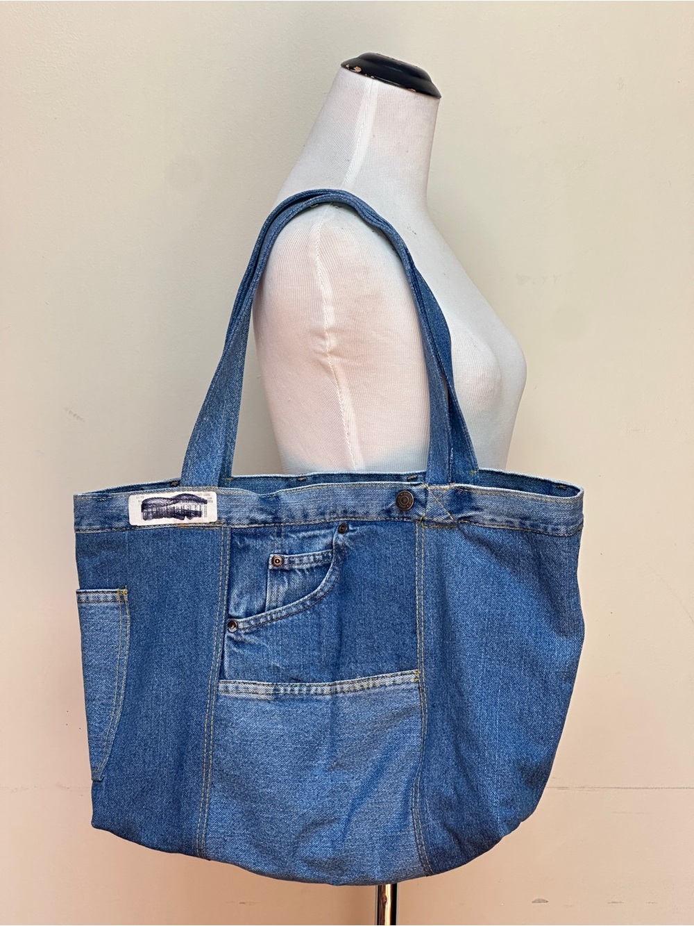 Trailblazer Tote Handmade Upcycled Denim Bag Large Jean Shopper Blue Pocket Bag